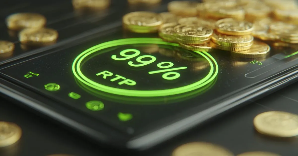 A digital display showing “99% RTP” on a gaming interface, surrounded by stacks of gold coins.