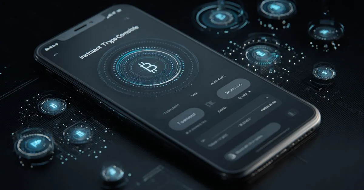 A smartphone displaying a Bitcoin-themed instant transaction interface, surrounded by glowing digital cryptocurrency icons on a dark futuristic background.