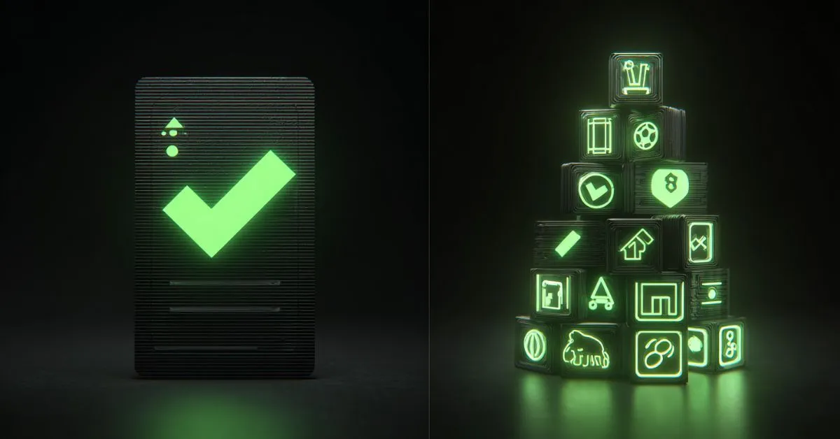 A split image showing a glowing green check mark on a dark card beside stacked neon sports betting icons, representing single bets versus multi bets.