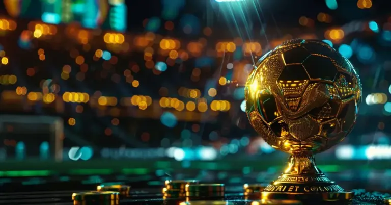 A golden World Cup-style football trophy sits on a betting table with casino chips, glowing stadium lights, and a blurred city backdrop.